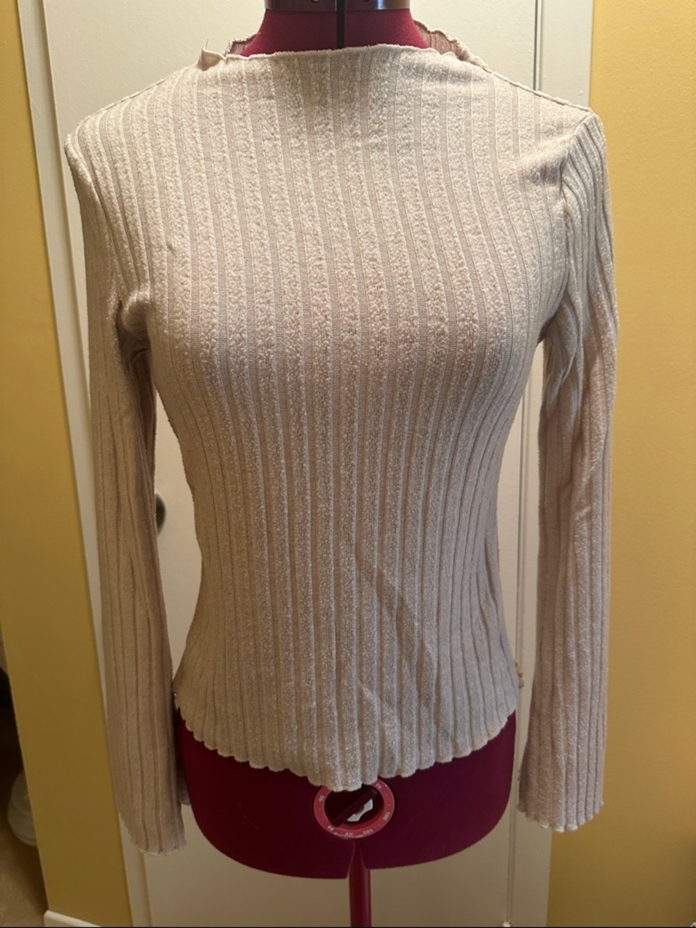 Ribbed Long Sleeve Boatneck soft Sweater in Light Beige